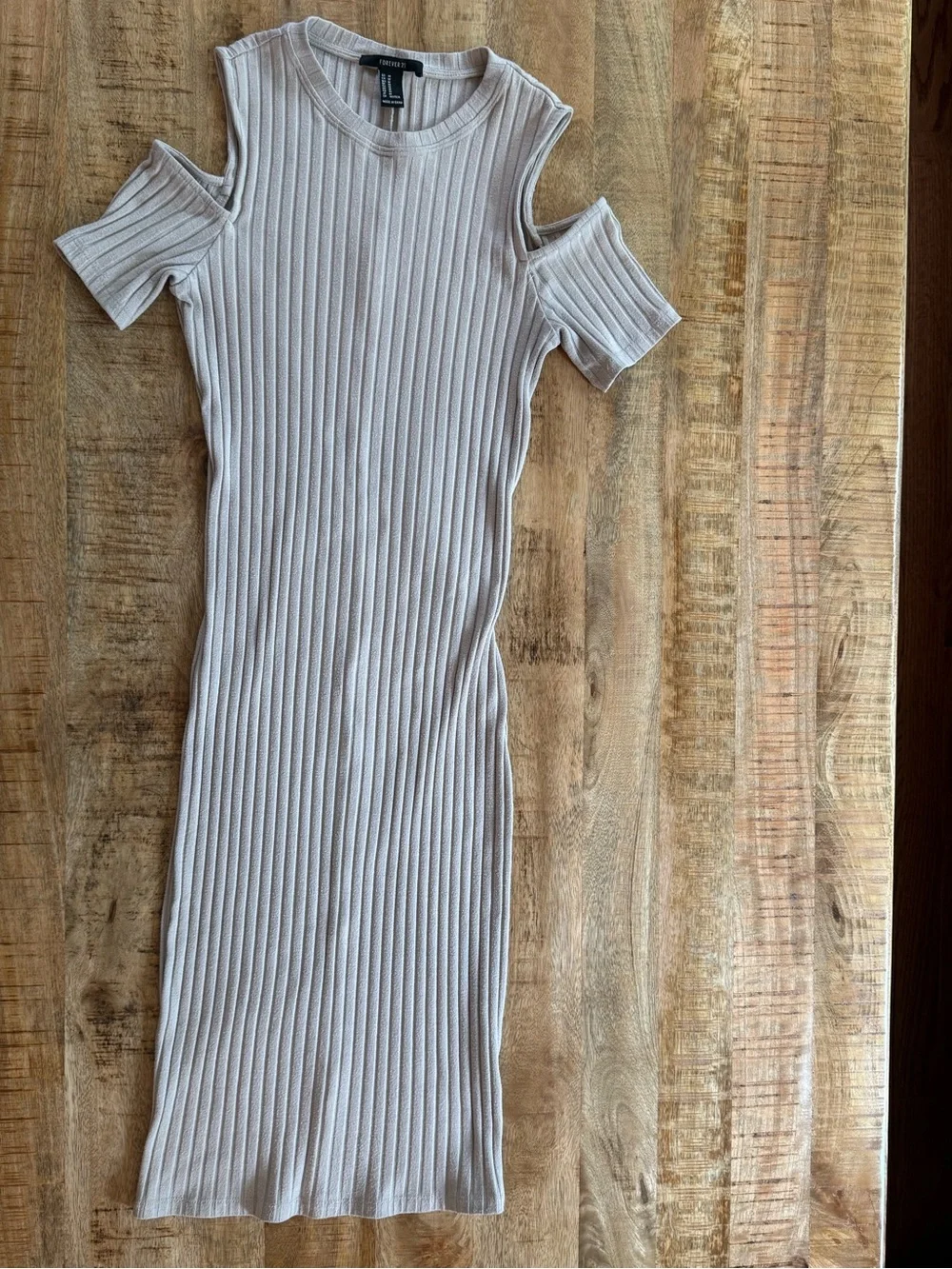 Forever 21 Light Beige Ribbed Cold-Shoulder Midi Dress